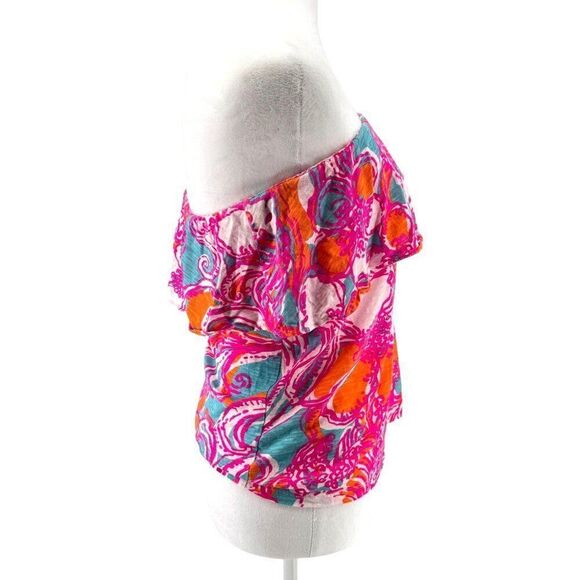 Lilly Pulitzer Strapless Ruffle Top XS Multi-Color EUC Bright Pink Orange Blue P - Picture 2 of 9